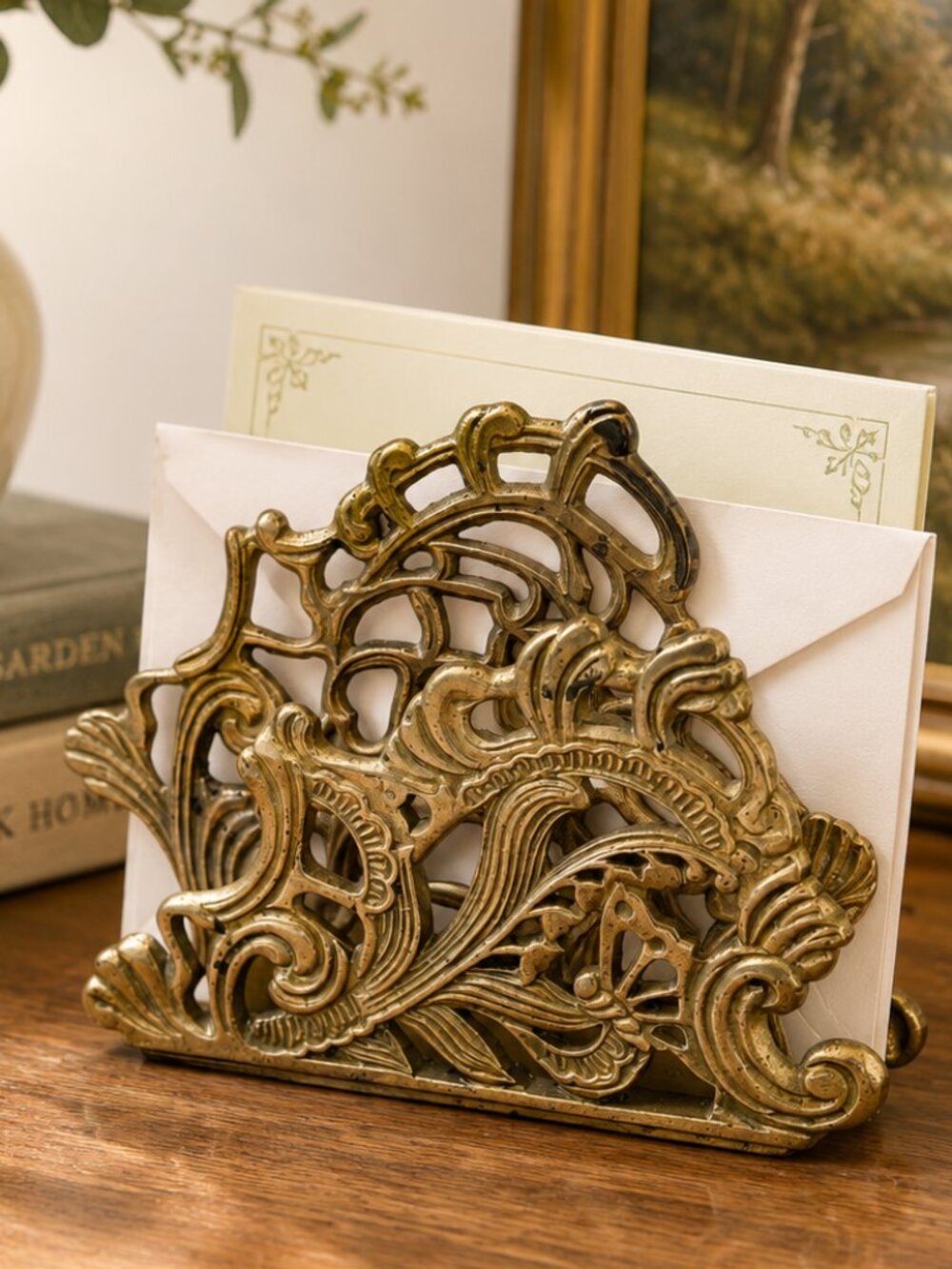 VTG Teleflora Brass Letter Mail / Napkin Holder Ornate Scrollwork 1988 Taiwan